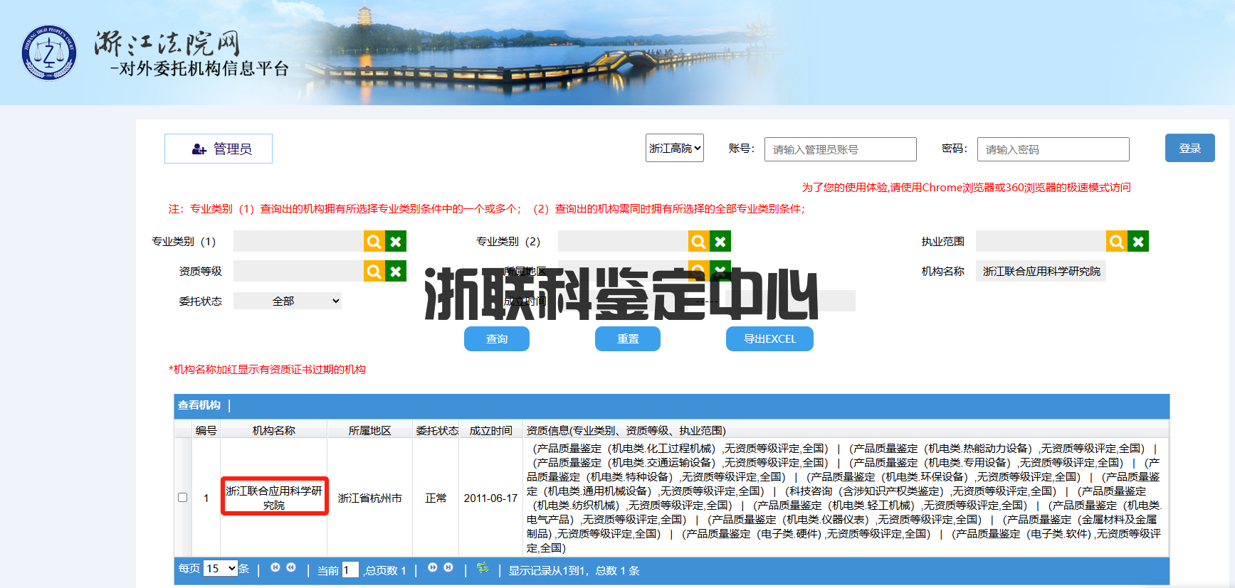 浙江聯(lián)合應(yīng)用科學(xué)研究院鑒定中心成功入圍浙江省對(duì)外委托機(jī)構(gòu)信息平臺(tái)(圖1)